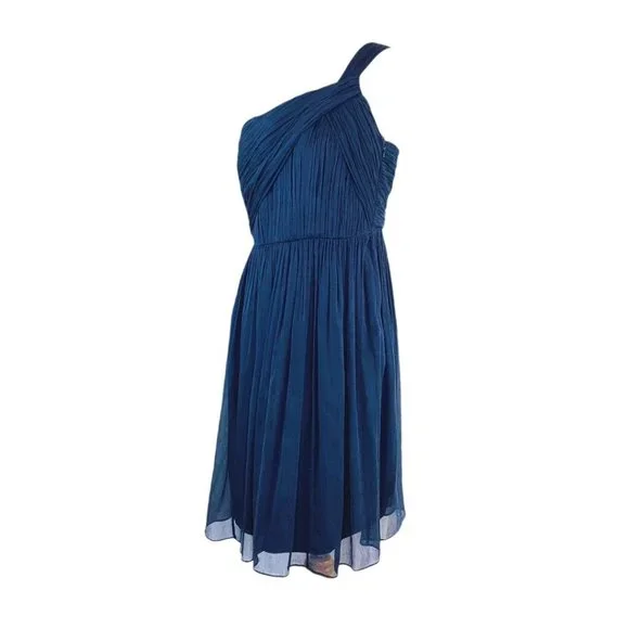 Amsale One Shoulder Party Cocktail Silk Navy Dress 4 Bridesmaid Wedding Guest - Picture 4 of 12